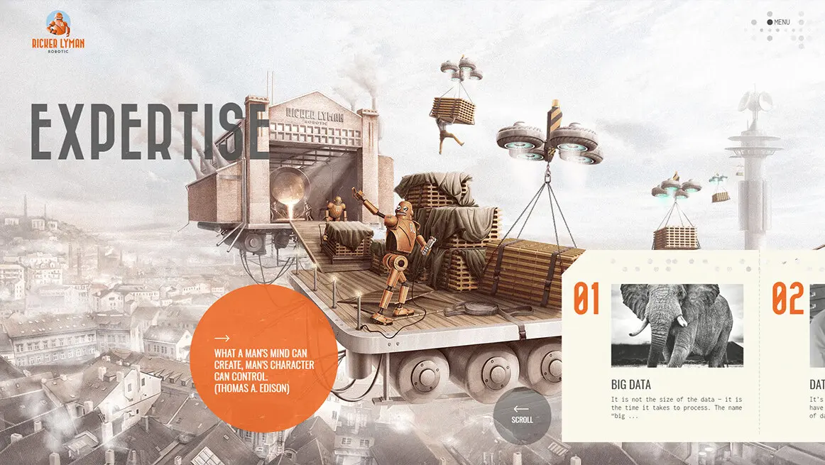 Ricker Lyman Robotics website Expertise screen with an Atomic Age flying factory