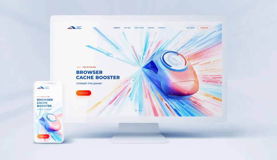Browser Cache Booster website mockup on a desktop monitor and a smartphone