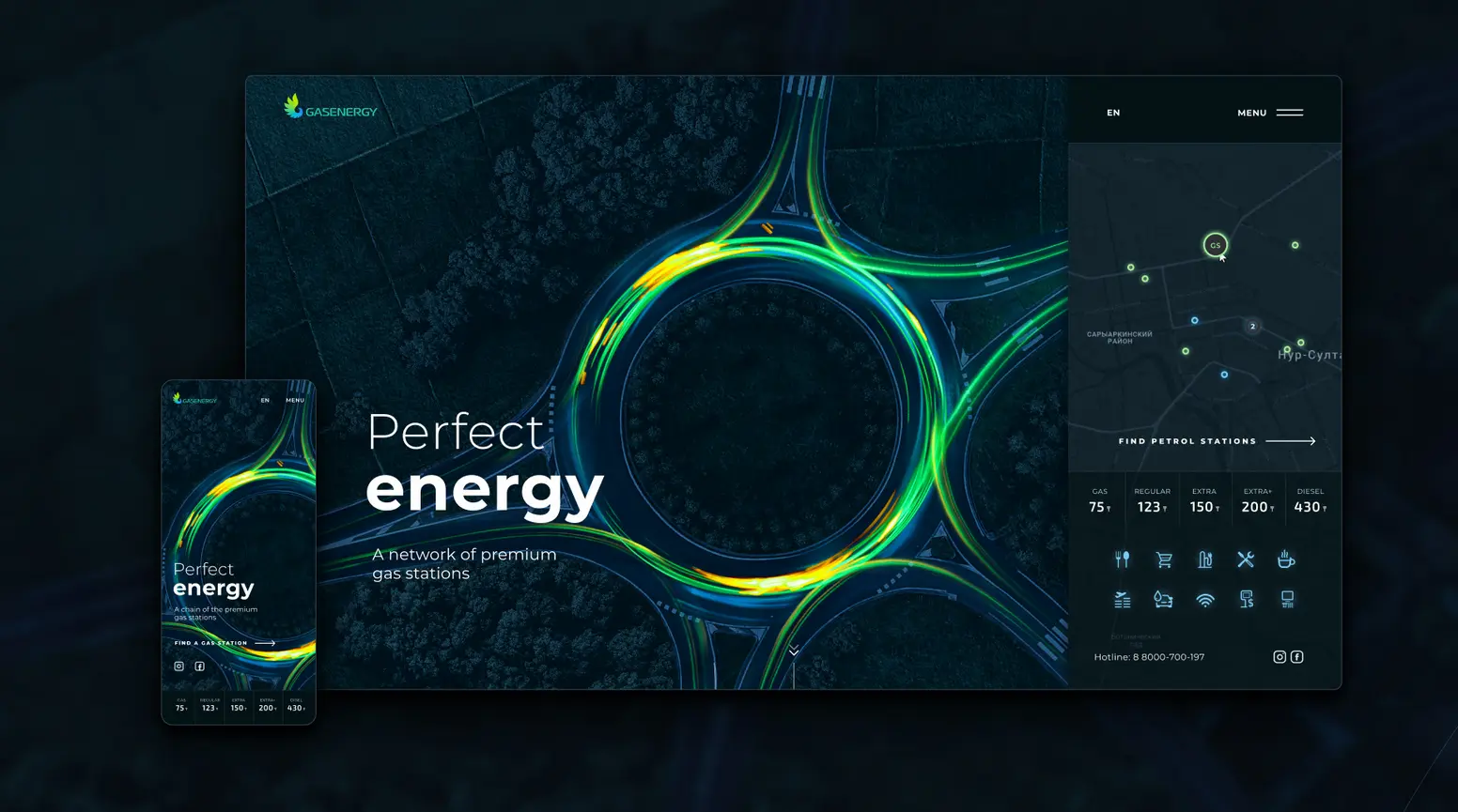Gasenergy website mockup on desktop and phone with the “Perfect energy” hero