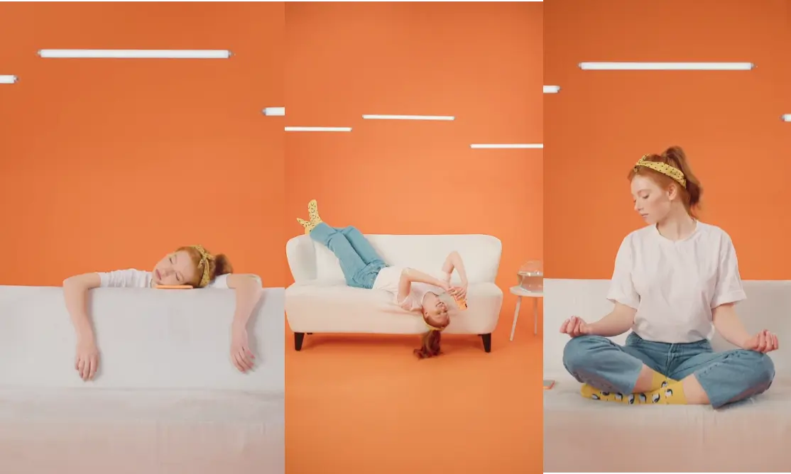 LUN campaign visuals of a young woman relaxing on a white sofa against orange walls