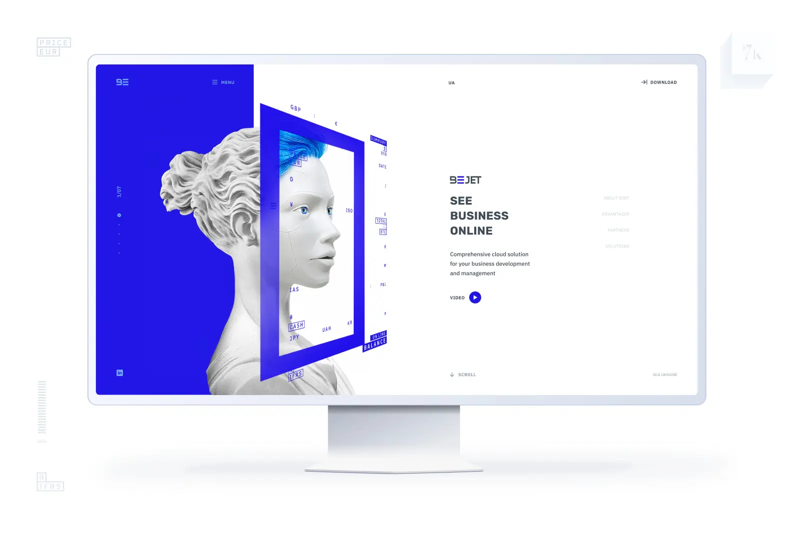 Bjet website on a desktop monitor with a classical bust and blue panels