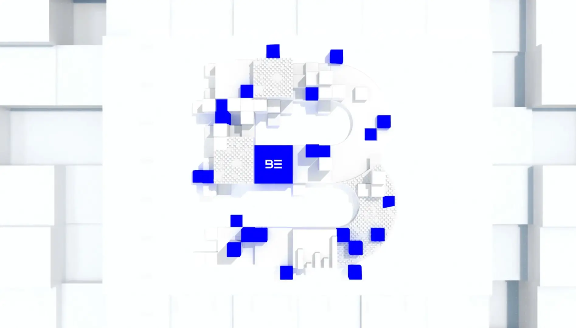 Bjet animation video still with blue cubes assembling around the logo