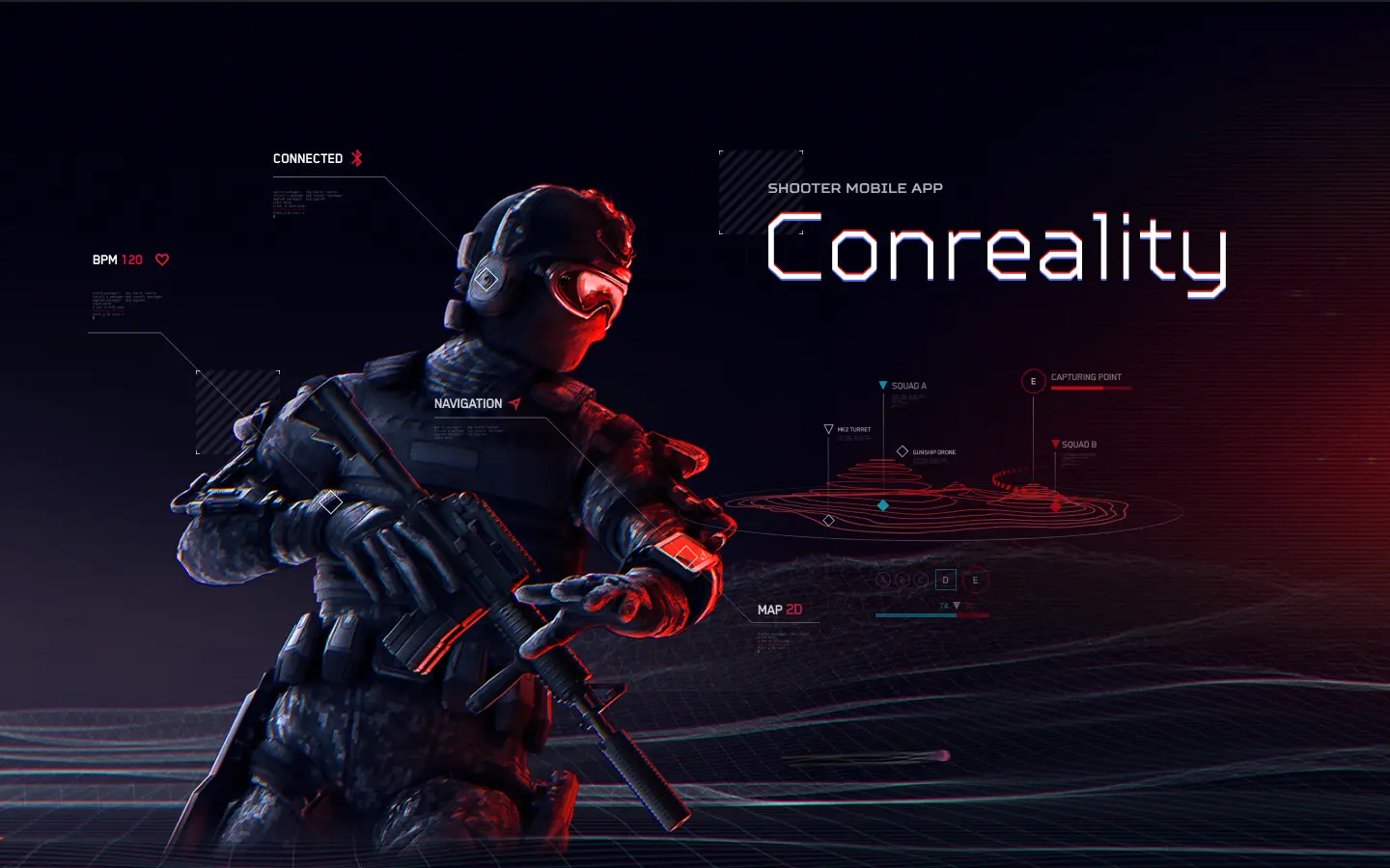 Conreality website hero with a soldier in red-lit tactical gear