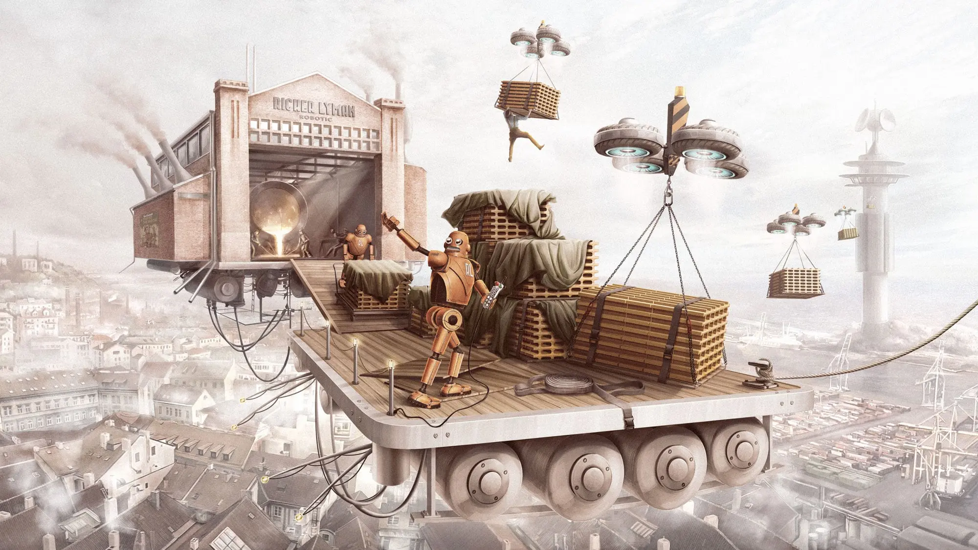 Atomic Age illustration for Ricker Lyman: a flying factory platform above a city