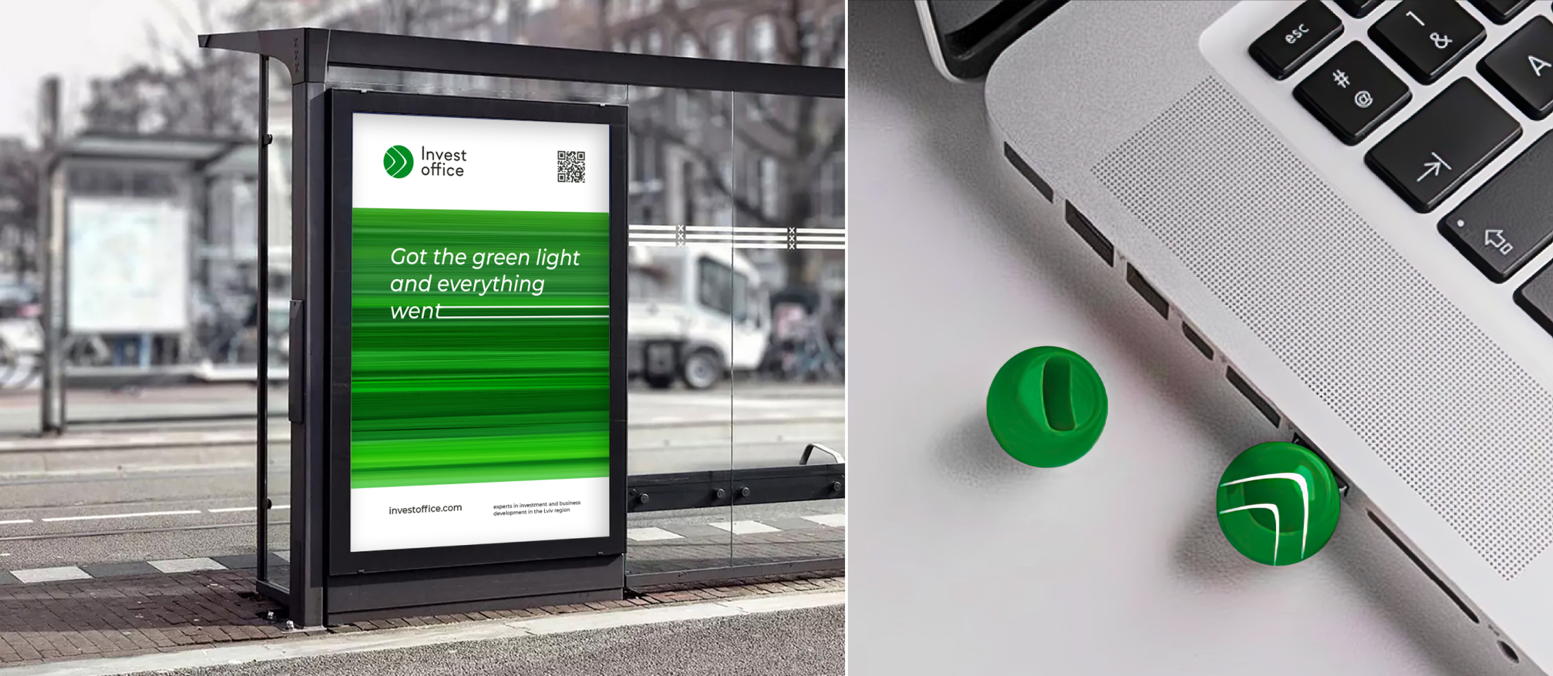 Company advertising at the bus stop and branded flash drive