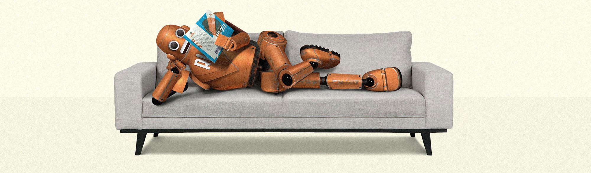 A character lying on a sofa with a booklet