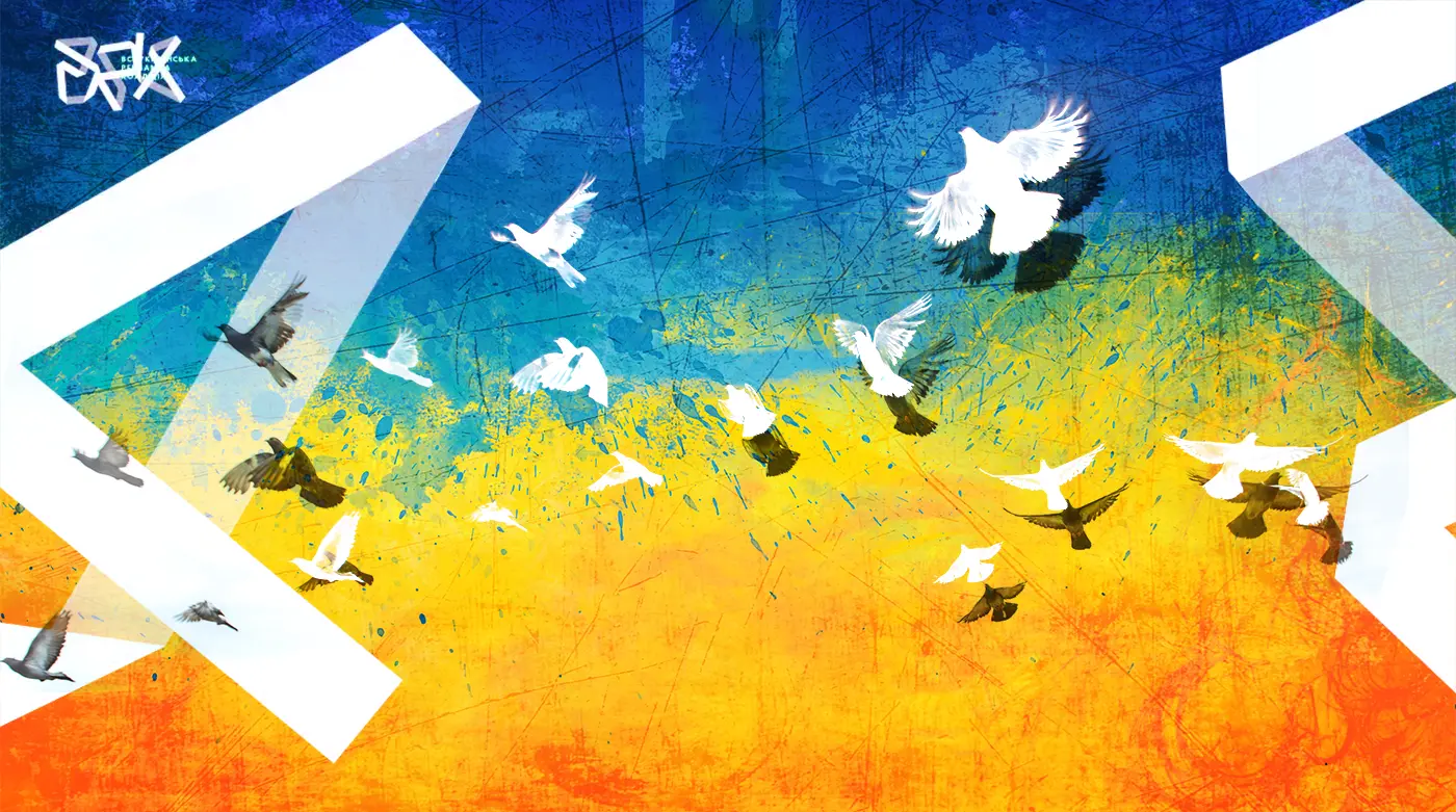White doves flying over a blue and yellow painted Ukrainian backdrop