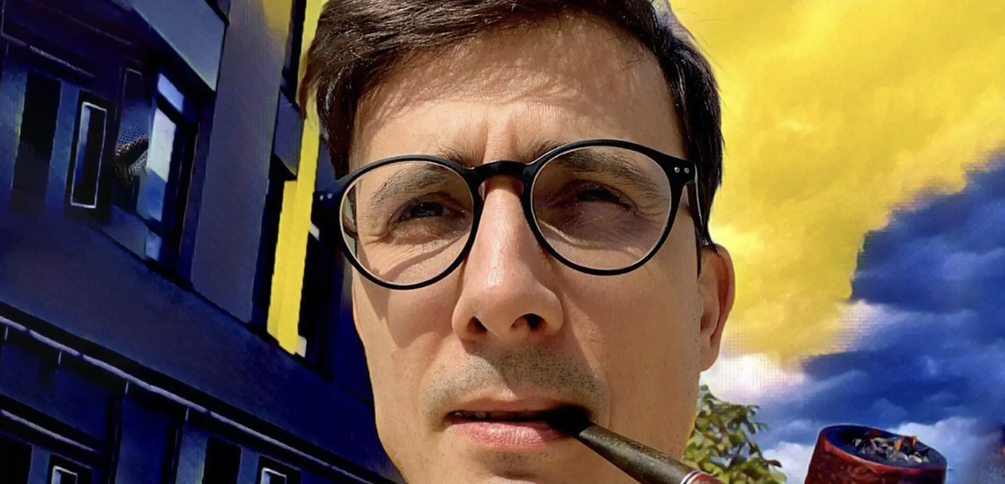 Stylized painterly portrait of a man in glasses with a pipe
