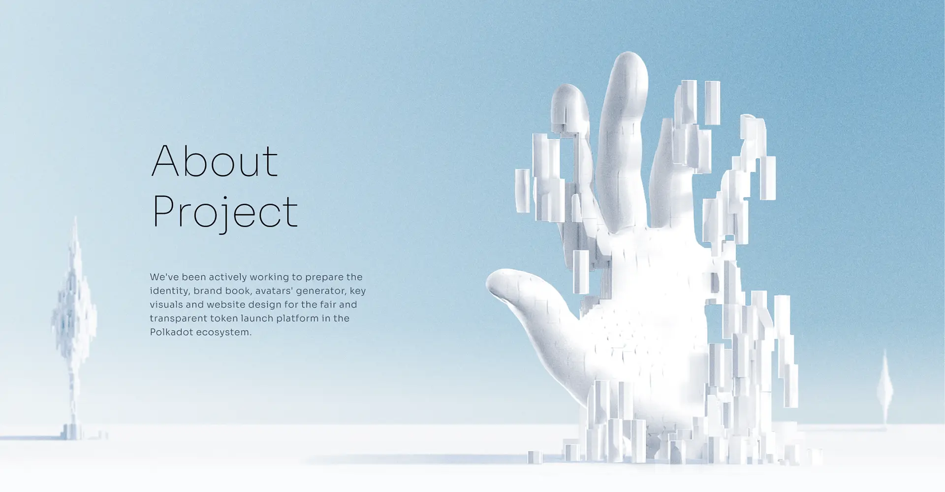 Citizend website About Project screen with a white 3D hand made of blocks