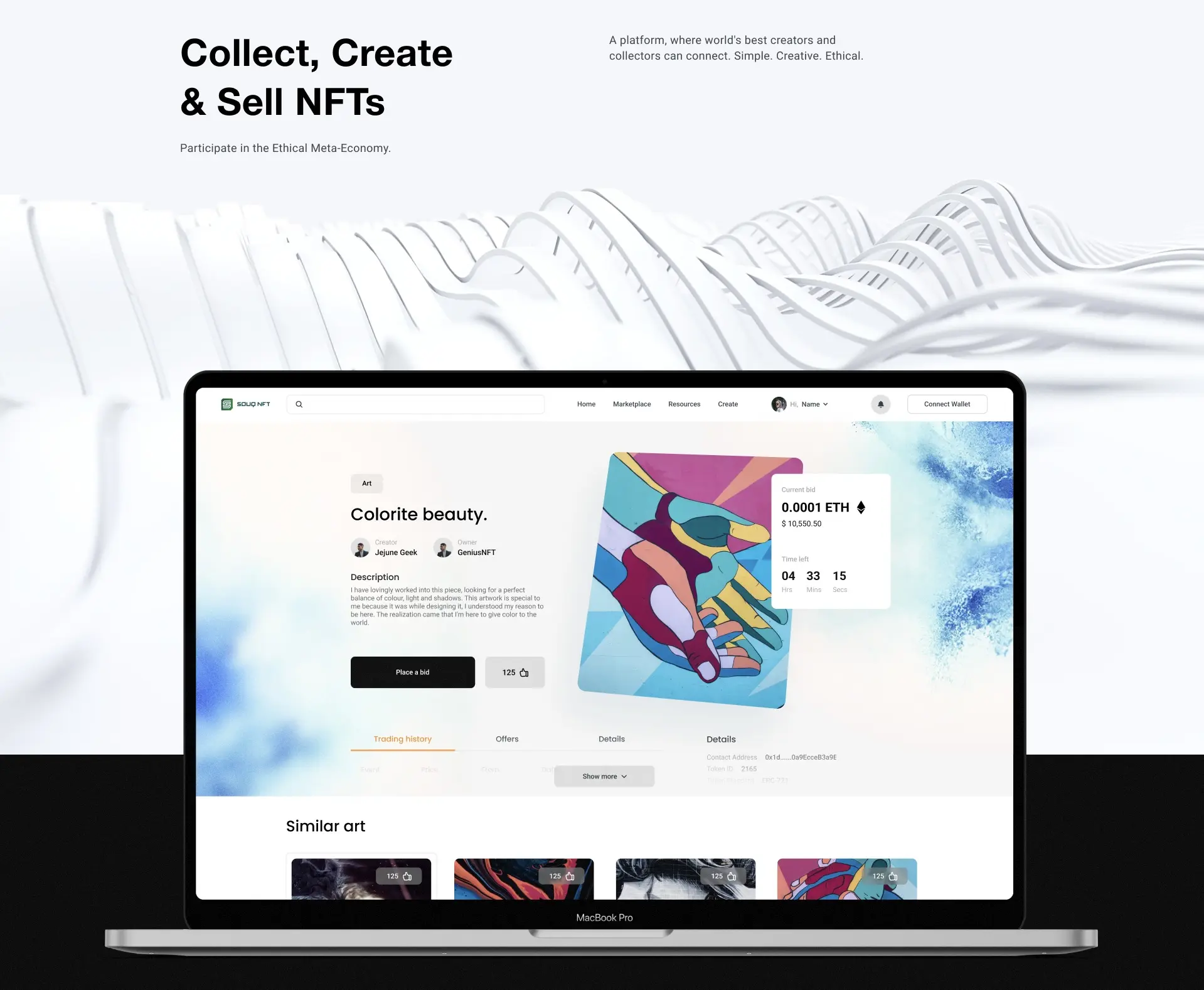NFT marketplace website on a laptop under the headline Collect, Create&Sell NFTs