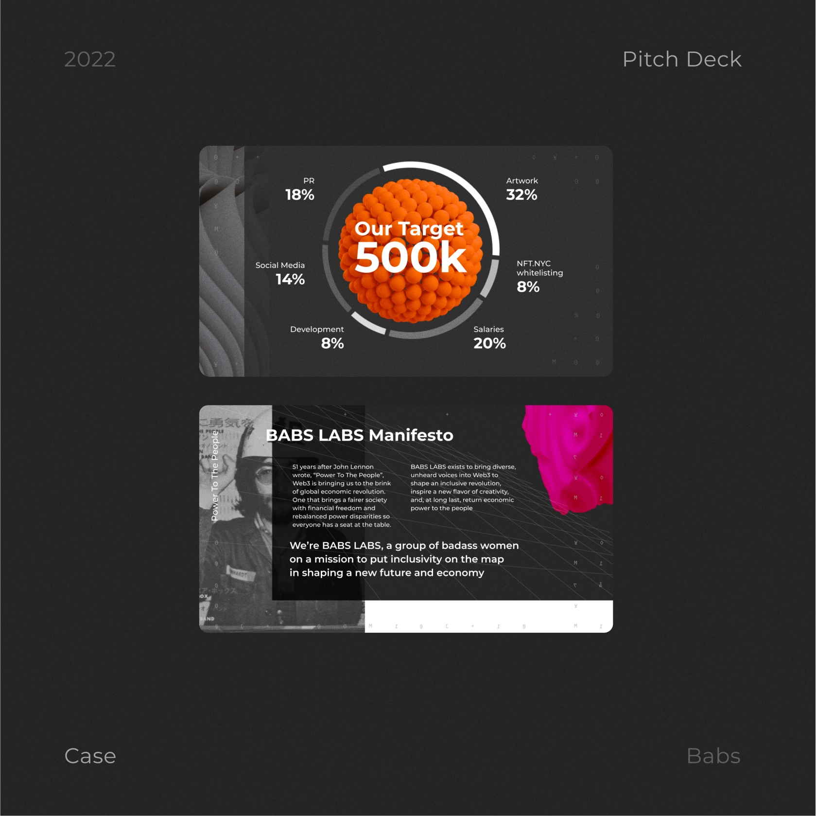 BABS pitch deck slides with a 500k target chart and manifesto