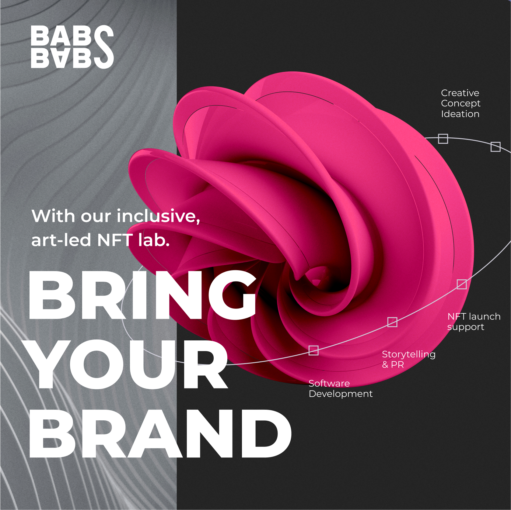 Пост BABS «Bring your brand» з рожевою 3D-формою для NFT-лабораторії