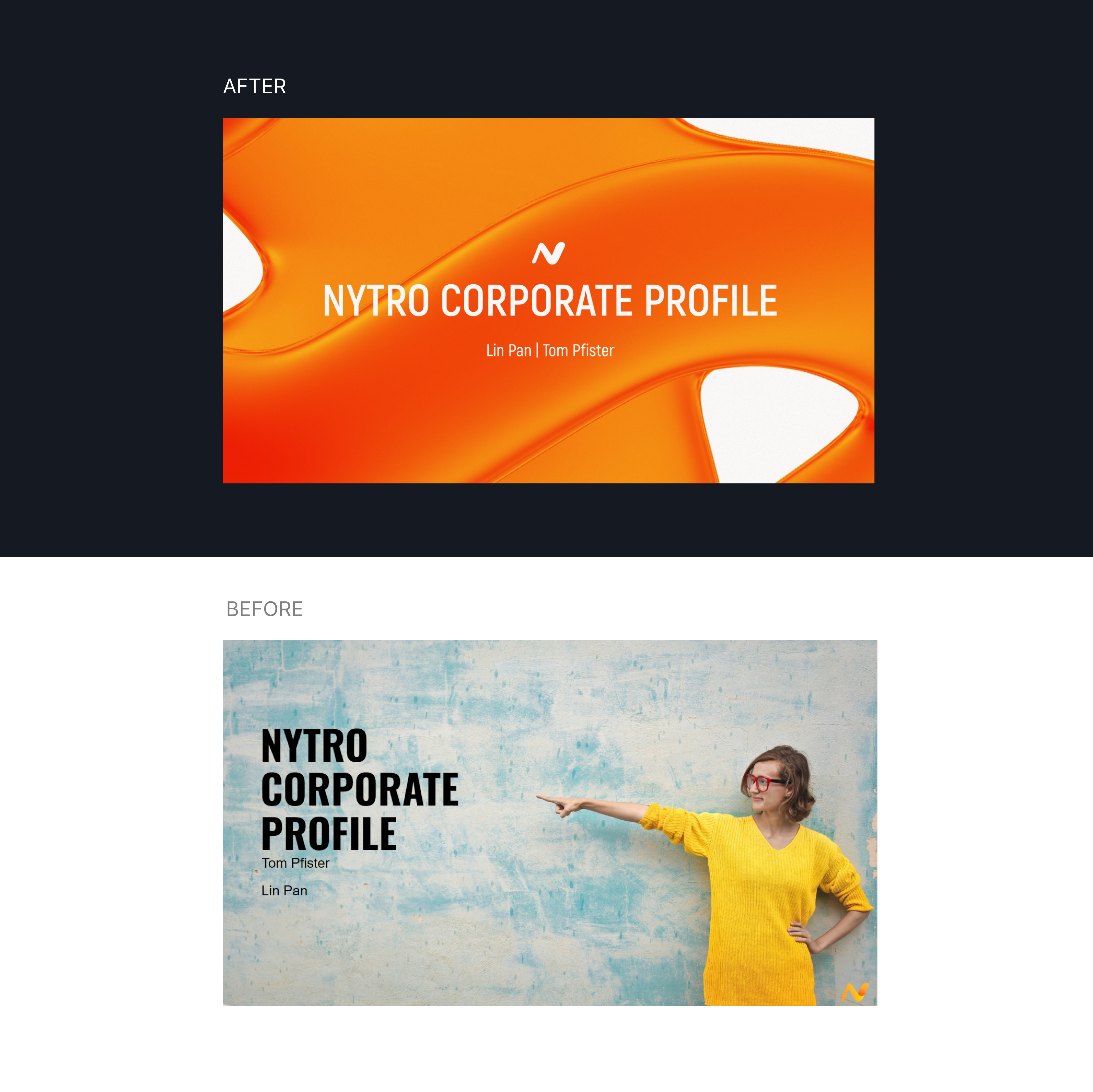 Титульний слайд корпоративного профілю Nytro до й після ребрендингу