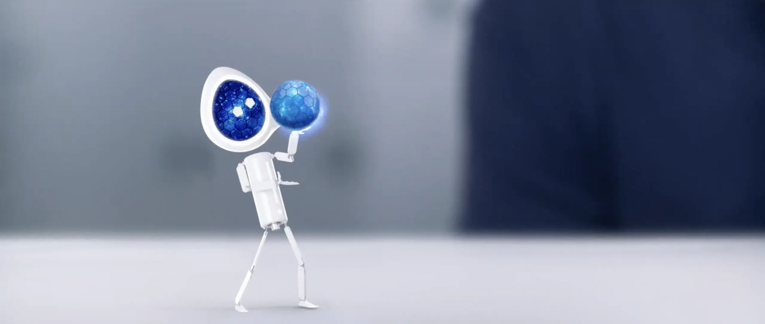 Ambiq robot mascot holding a glowing blue sphere in the recruitment video