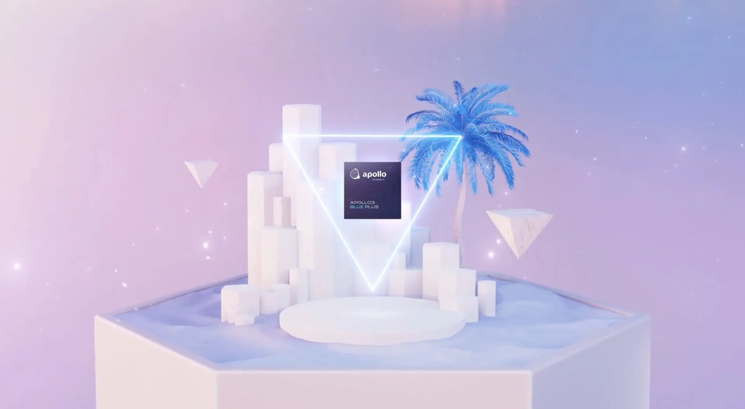 Ambiq product video scene with a chip on a white podium beside a palm tree