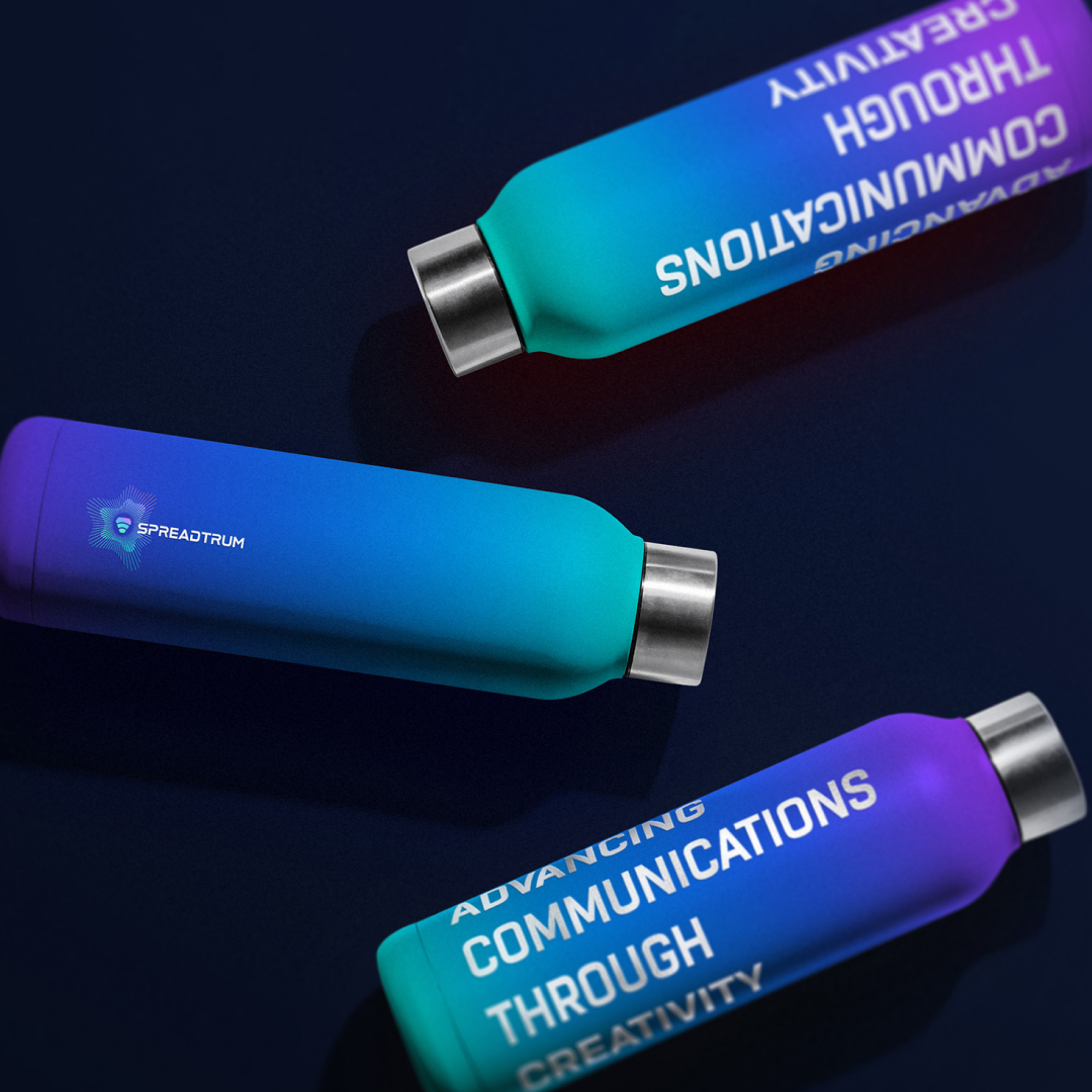 Spreadtrum branded water bottles with the company slogan