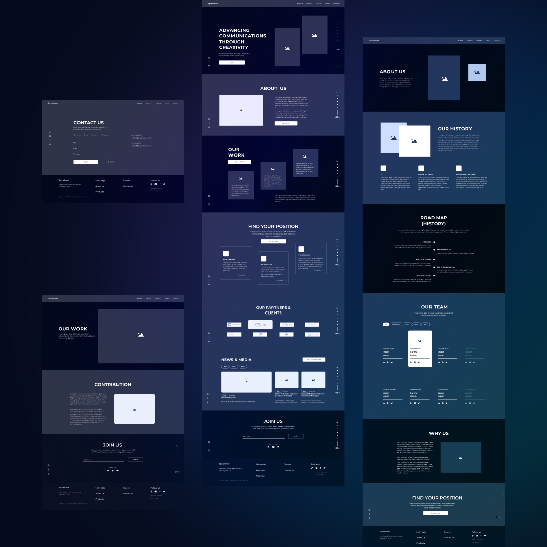 Spreadtrum website wireframes for home, about, team and contact pages