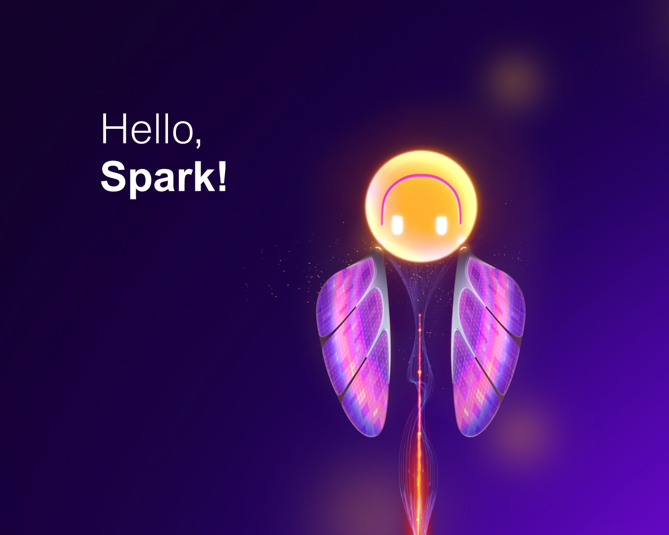 Плакат «Hello, Spark!» з маскотом — усміхненою жовтою кулькою з крилами
