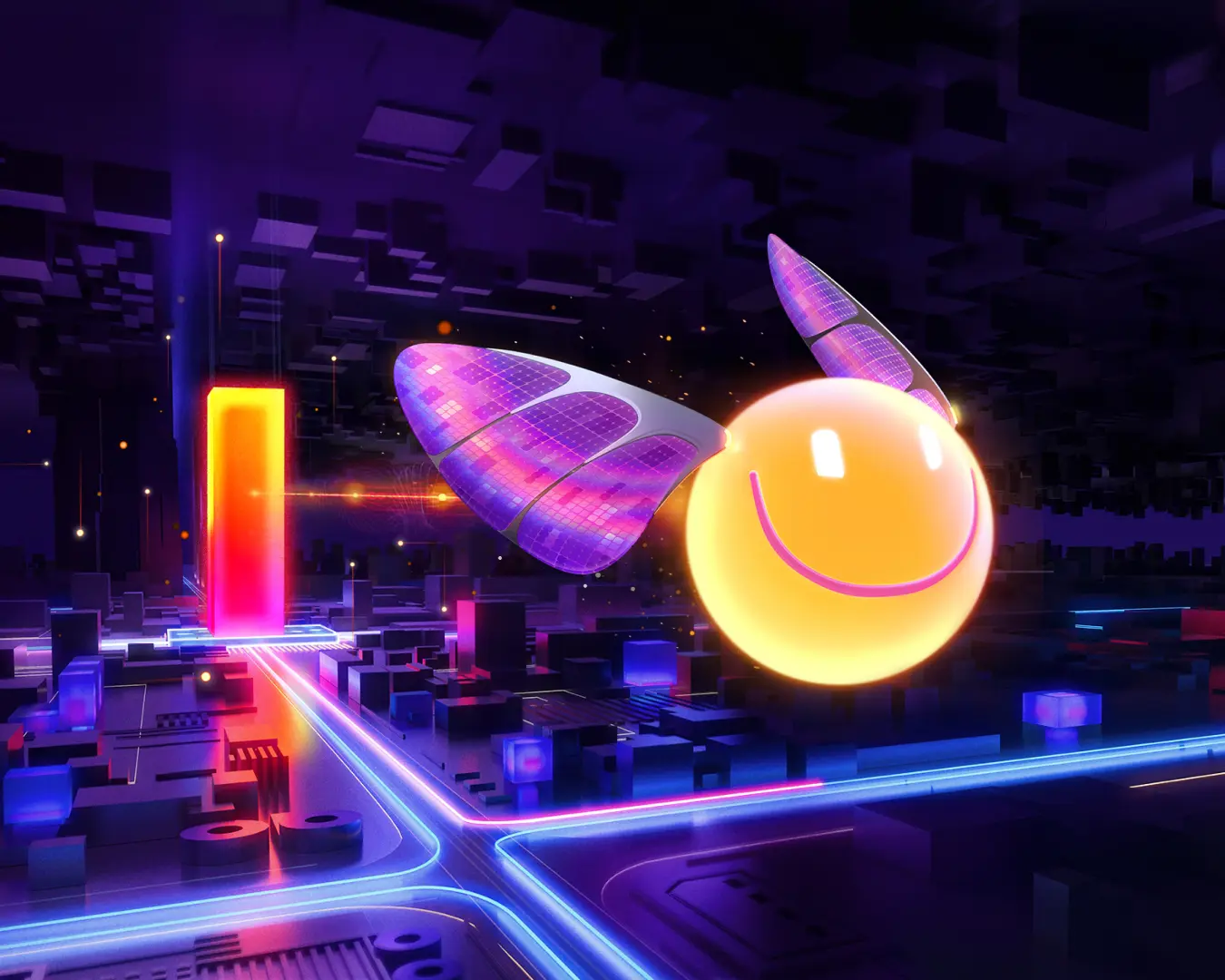 Spark mascot, a winged smiling yellow orb flying over a neon circuit city