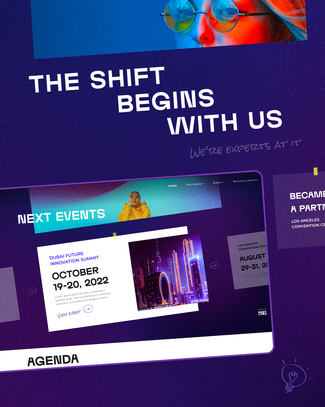 Десктопна головна сторінка websh3 із заголовком The Shift Begins With Us і слайдером подій