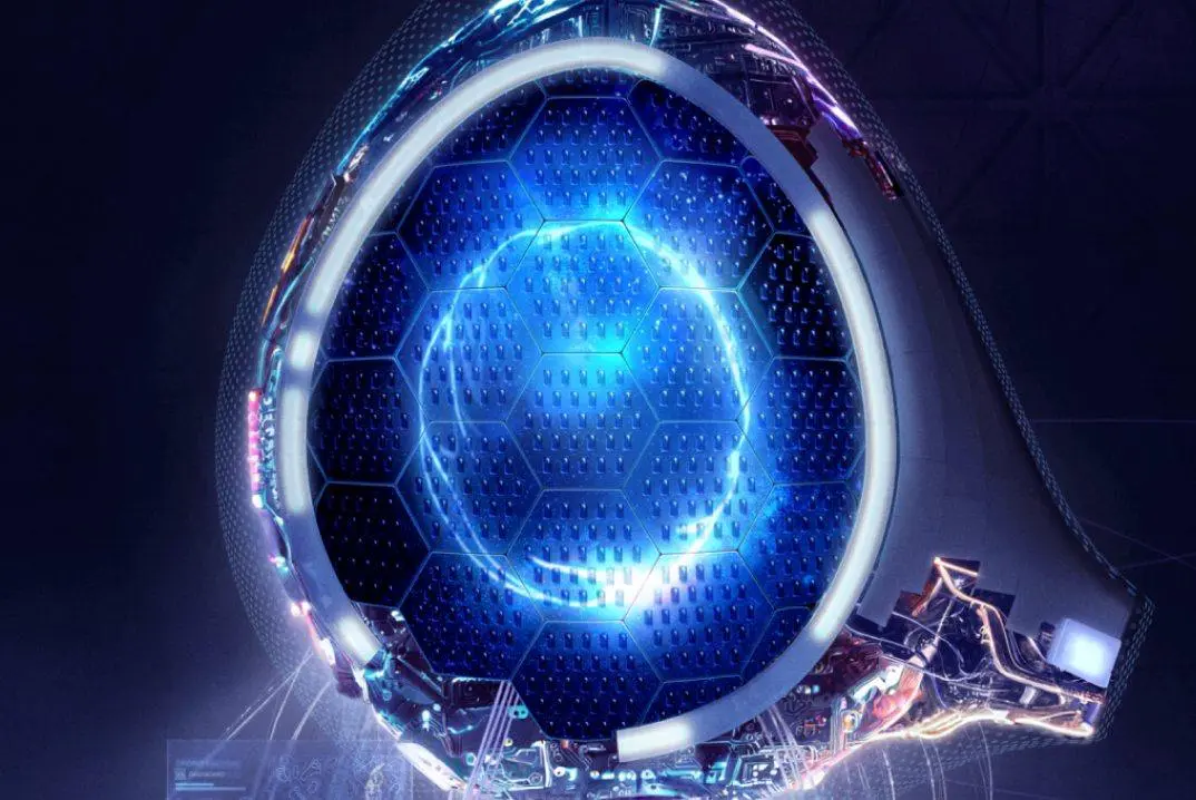 Glowing blue energy core in a futuristic frame for the Ambiq AI platform website