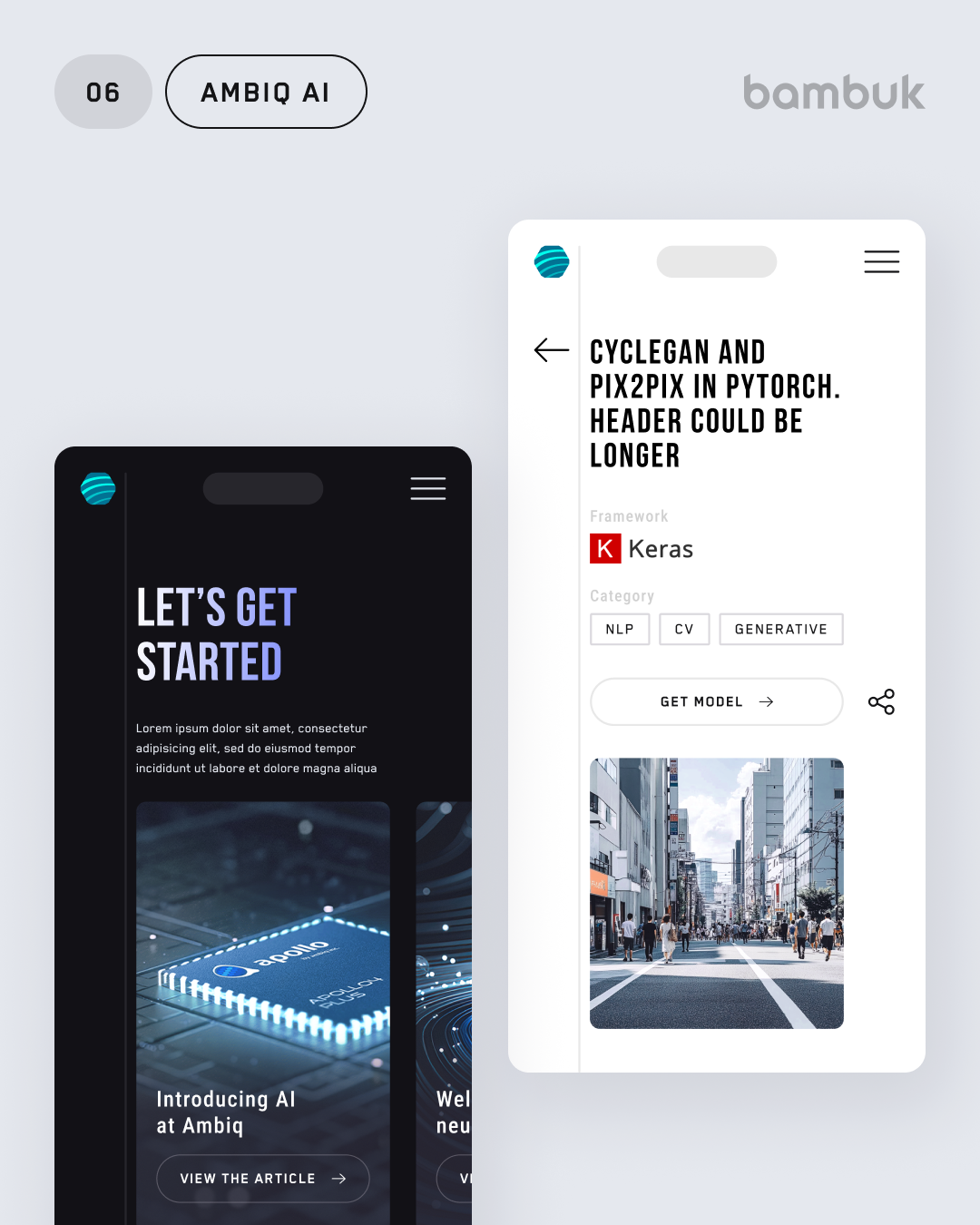 Мобільні екрани сайту Ambiq AI: сторінка Let's Get Started і сторінка моделі