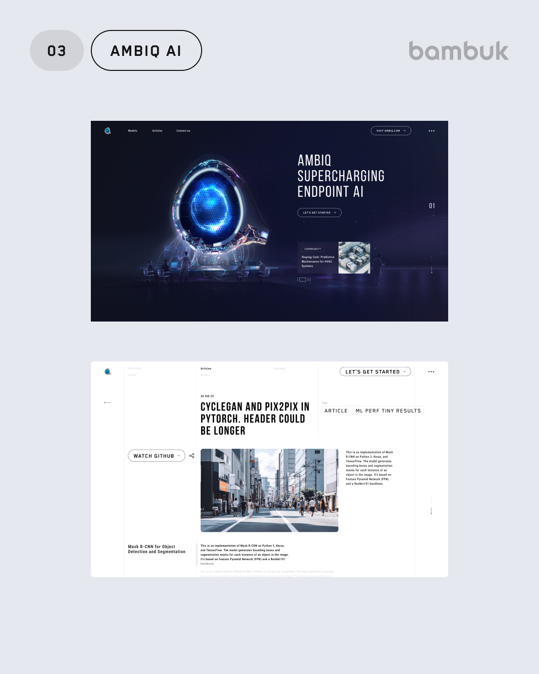 Ambiq AI website desktop pages: Supercharging Endpoint AI hero and a model article page