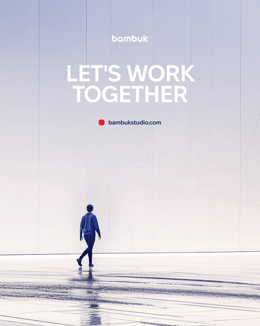 Bambuk Let's Work Together card with a man walking on a reflective floor