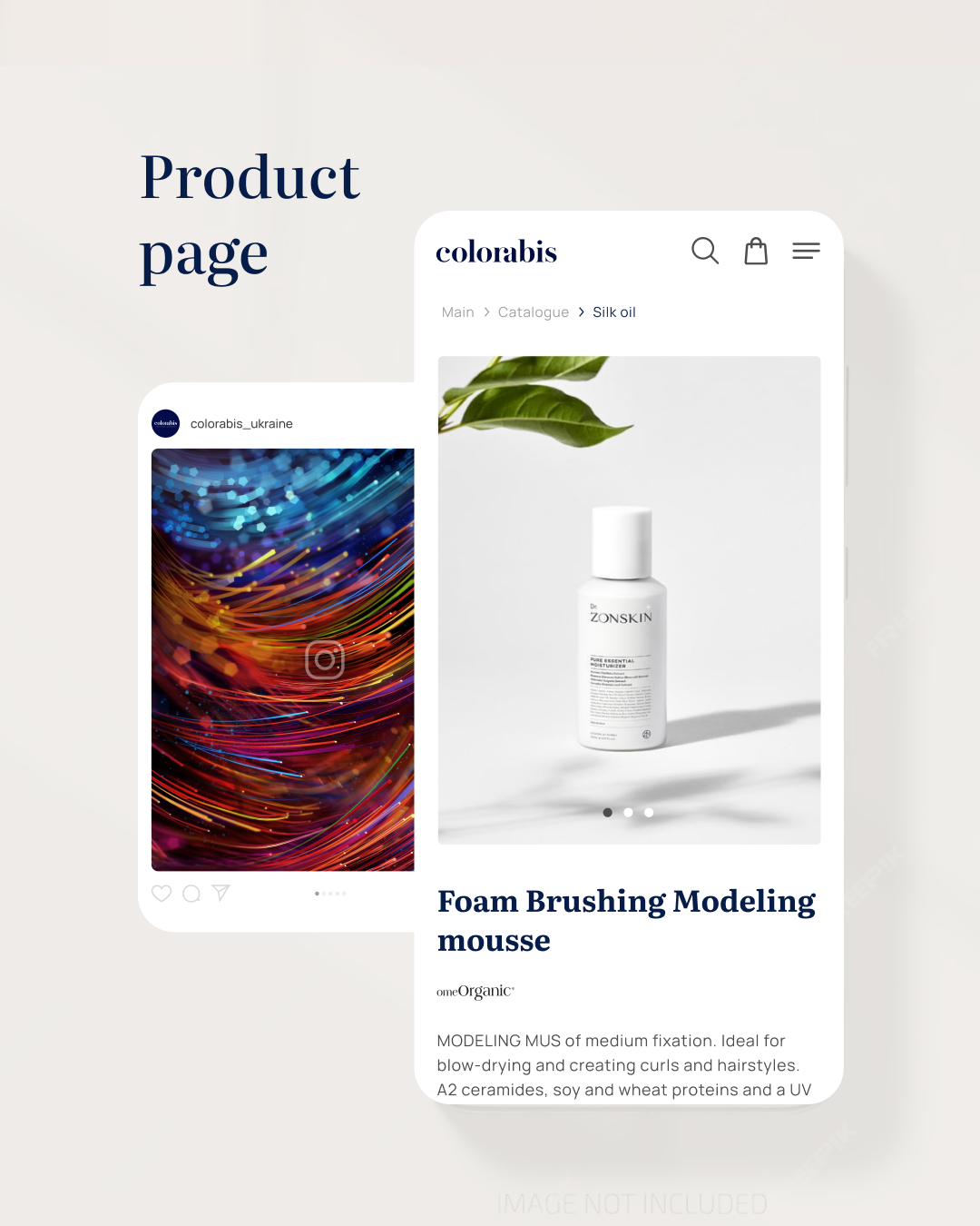 Colorabis mobile product page for a modeling mousse beside an Instagram post