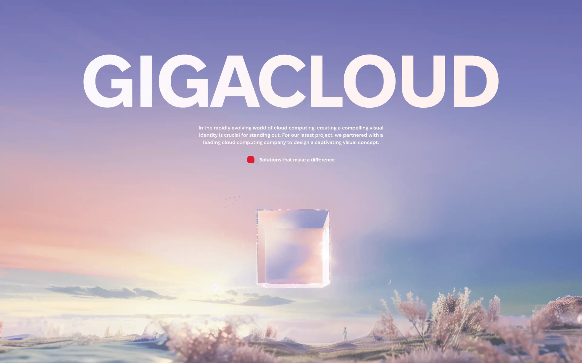 GigaCloud corporate website hero with a glass cube over a pastel landscape