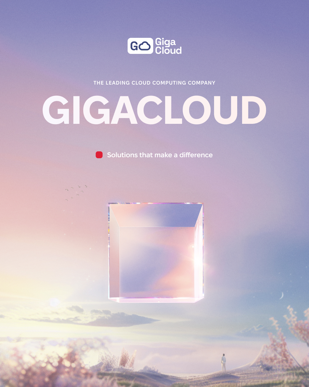 GigaCloud website hero with a glass cube in a pastel landscape