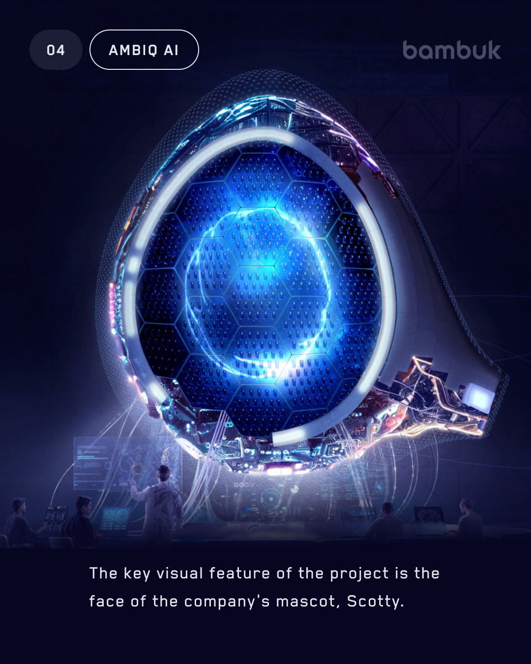 Key visual of the Ambiq website: the glowing face of the company mascot Scotty