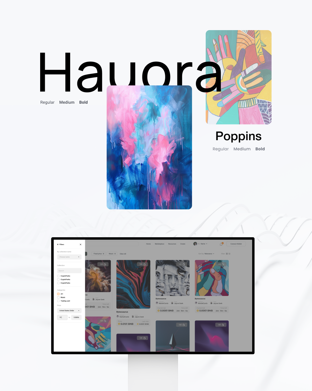 Типографіка NFT-маркетплейсу зі шрифтами Hauora і Poppins та каталог на моніторі