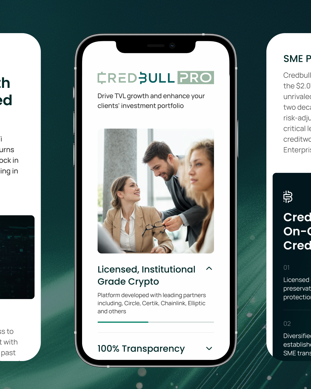 Credbull Pro mobile website on a smartphone presenting licensed institutional crypto features