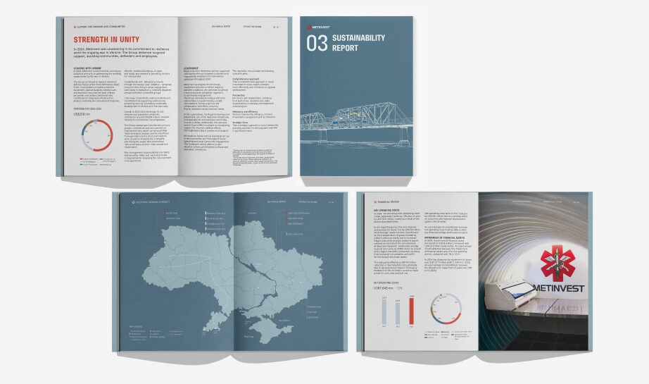 Розвороти звіту Metinvest зі сталого розвитку з картою України та інфографікою