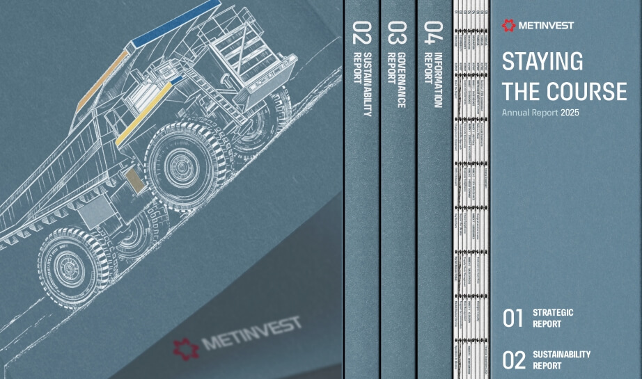 Metinvest 2025 annual report Staying the Course covers with a mining truck sketch