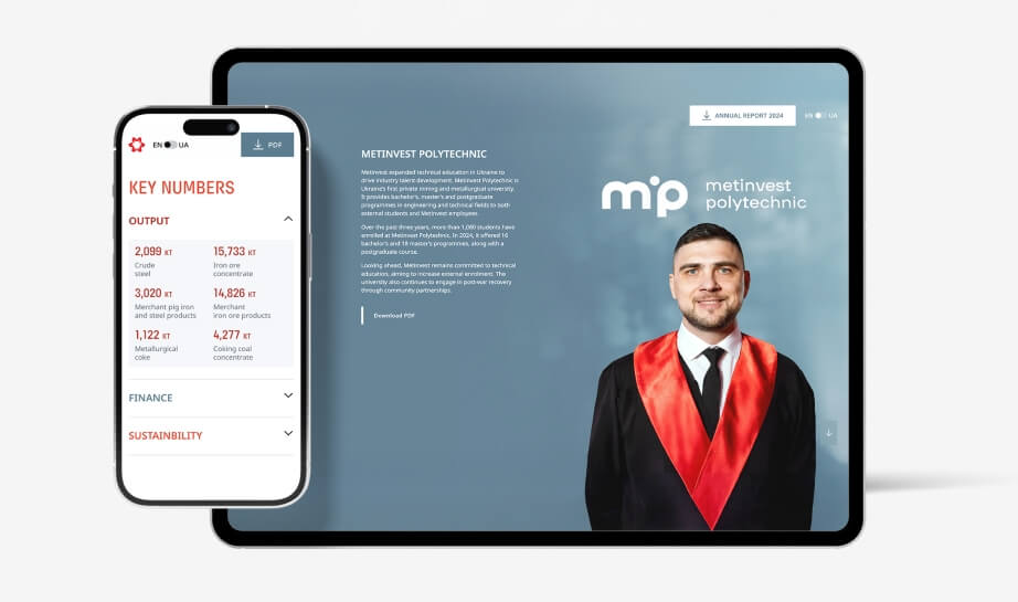 Metinvest annual report website on tablet and phone with key numbers