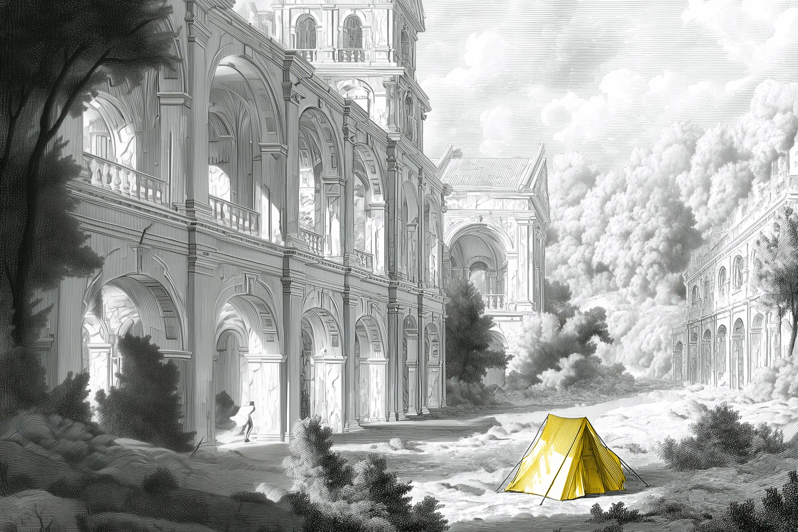 Black-and-white palace ruins with a small yellow tent in front
