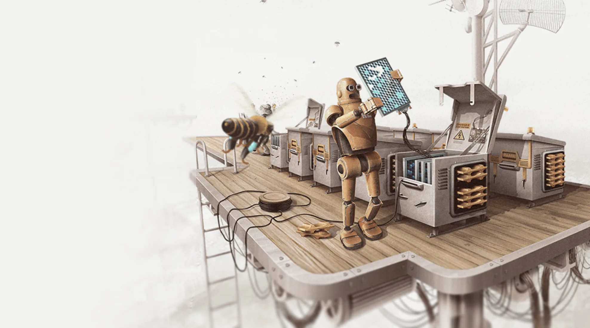 Ricker Lyman case key visual: a wooden robot at retro machines with robotic bees