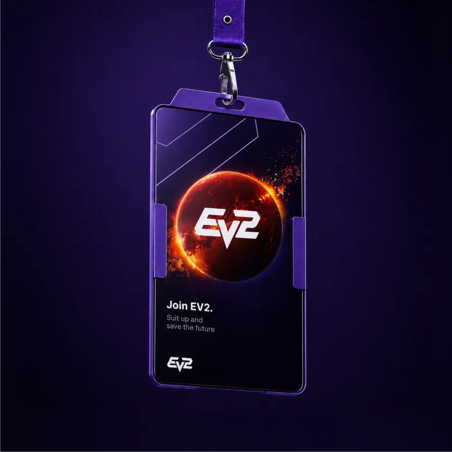 Бейдж події EV2 на фіолетовому шнурку із запрошенням Join EV2