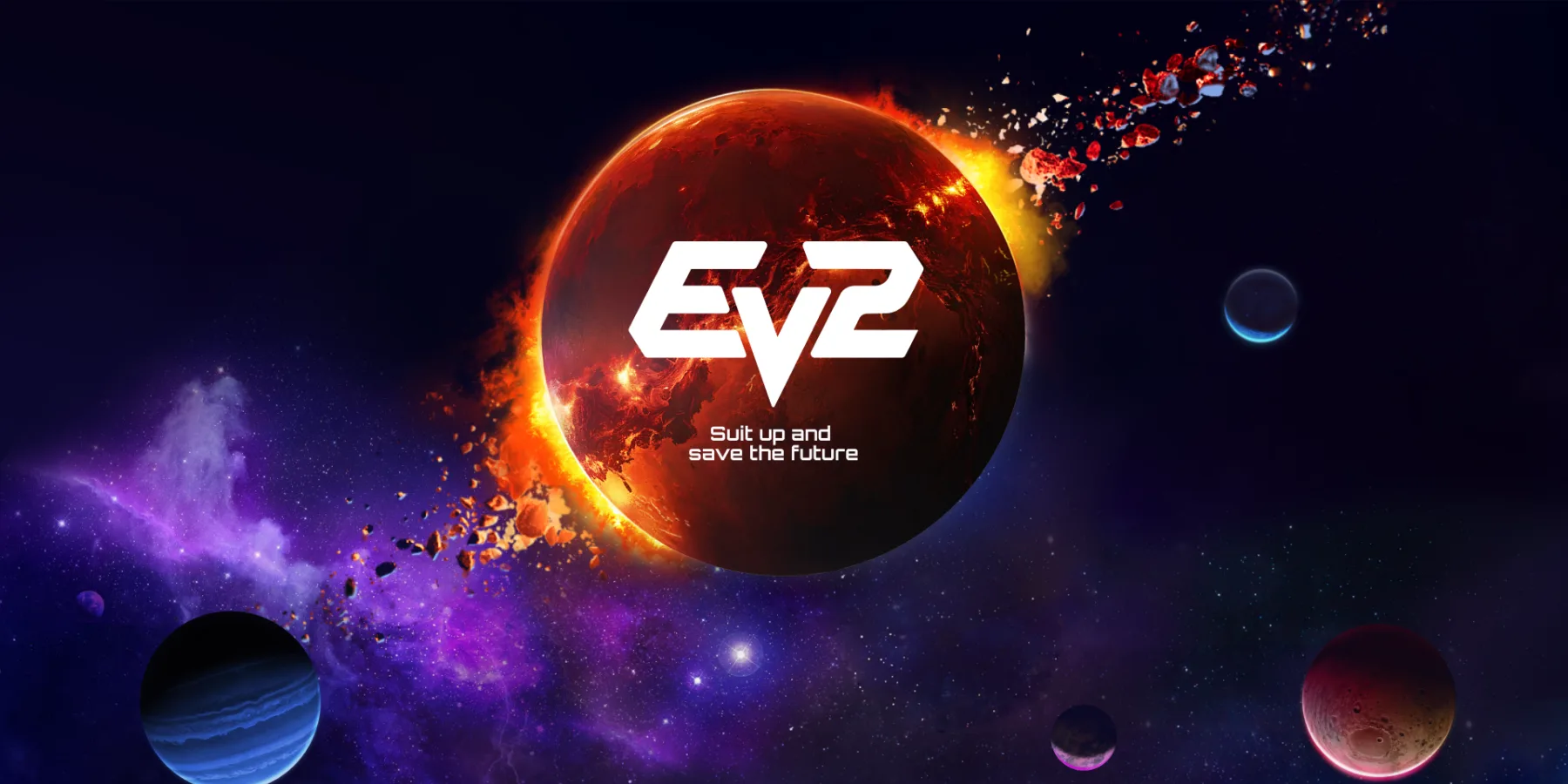 EV2 key visual with the logo on a glowing planet in deep space
