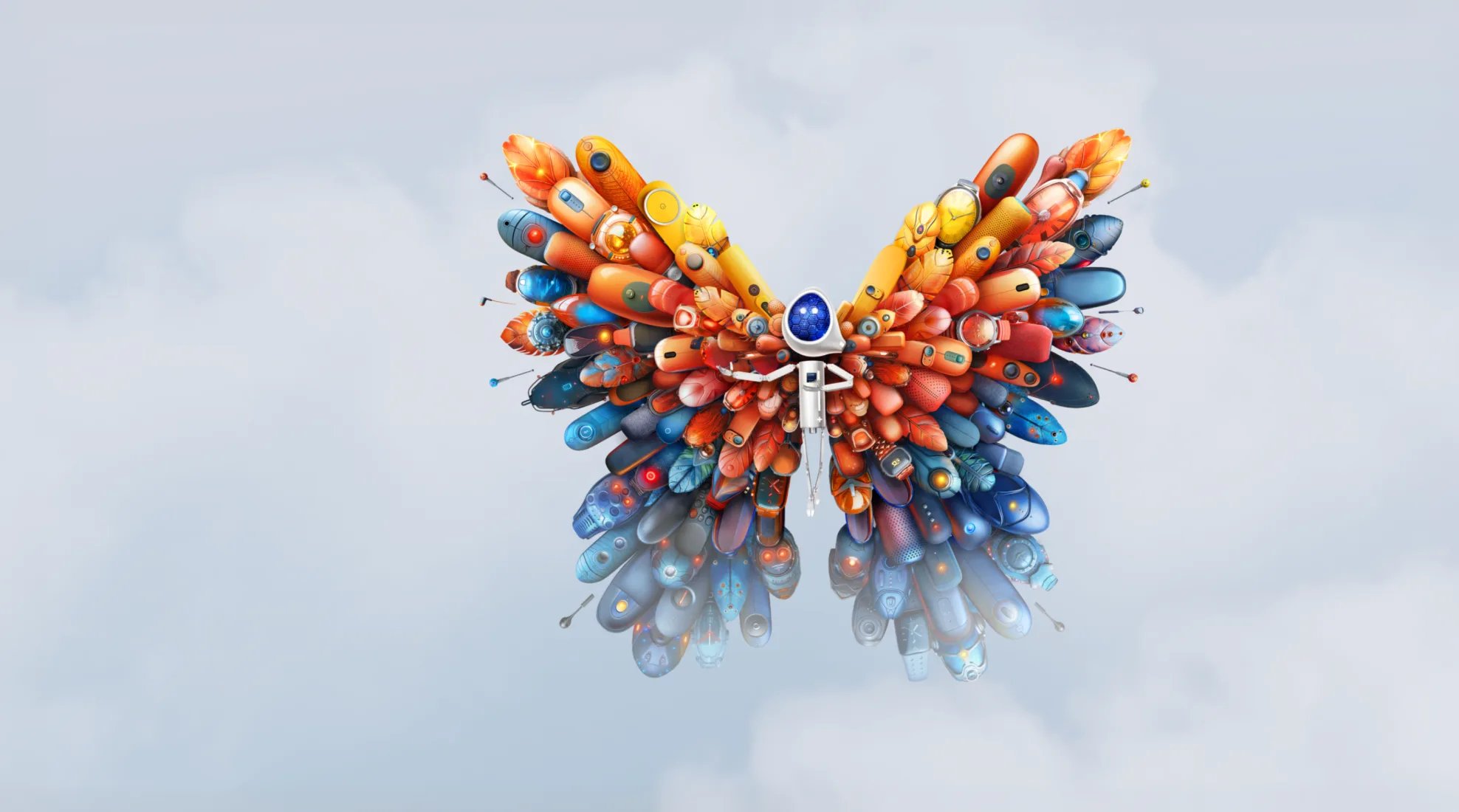 Ambiq case key visual: a multicolored butterfly floating among clouds