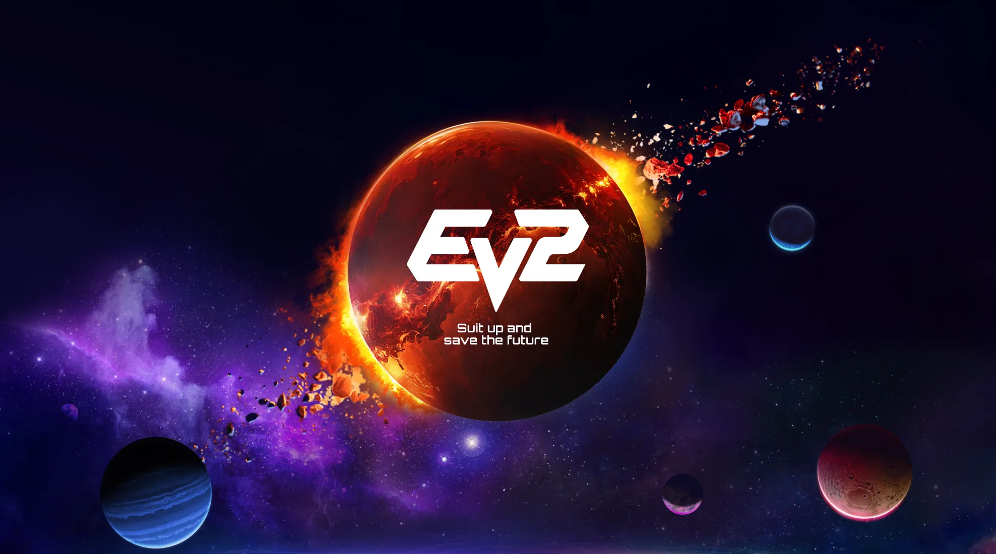 EV2 key visual with the logo on a fiery planet among stars and moons